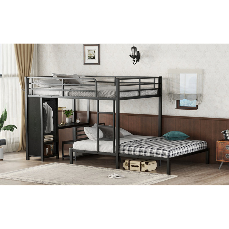 Structure de lit superposé avec garde-robe intégrée, lit superposé en métal avec bureau et chaises de rangement