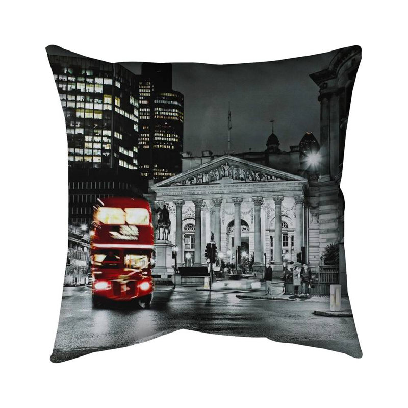 Grayscale pantheon with red bus - 26"x26" Throw pillow cover - Poly twill - Print on demand, 26" x 26"