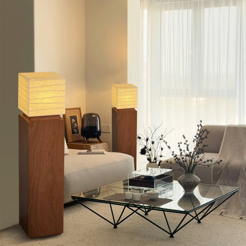 Mid-century style floor lamp with hardware structure and rice paper lampshade, 23.62"