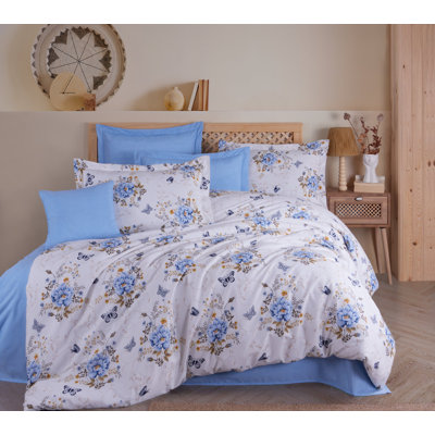 Premium 100% Cotton Ranforce Double Quilt Cover Set, Blue & White & Brown, 78.7 x 78.7 inches | 140 Thread Count, Button Closure Duvet & Envelope Pillowcases (2 Pieces), Machine Washable for Easy Care