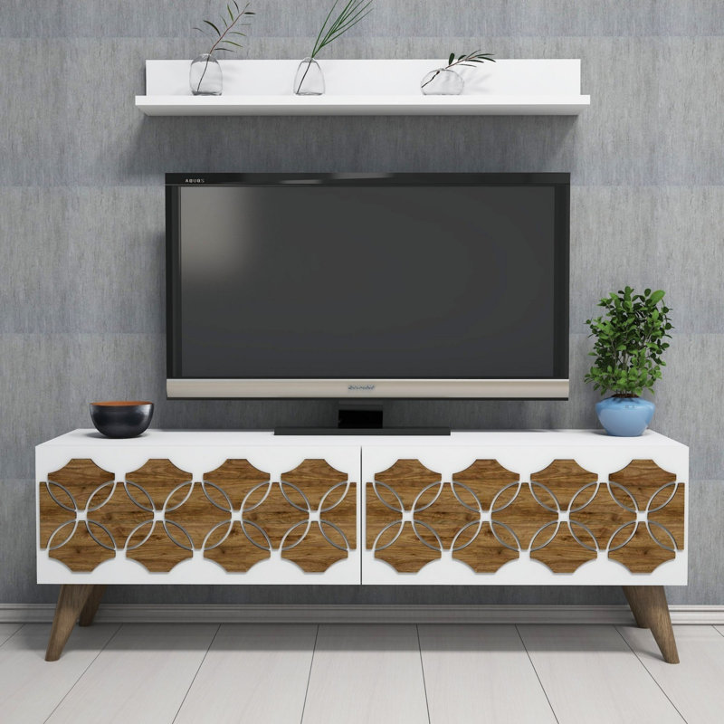 Meuble télé moderne avec tablette murale, blanc, 47,2 po x 15,7 po x 12,5 po | 100% panneau de particules enduit de mélamine, épaisseur: 0,7 pouce | Nombreuses tablettes à fixation murale au design géométrique épuré pour des espaces de vie élégants