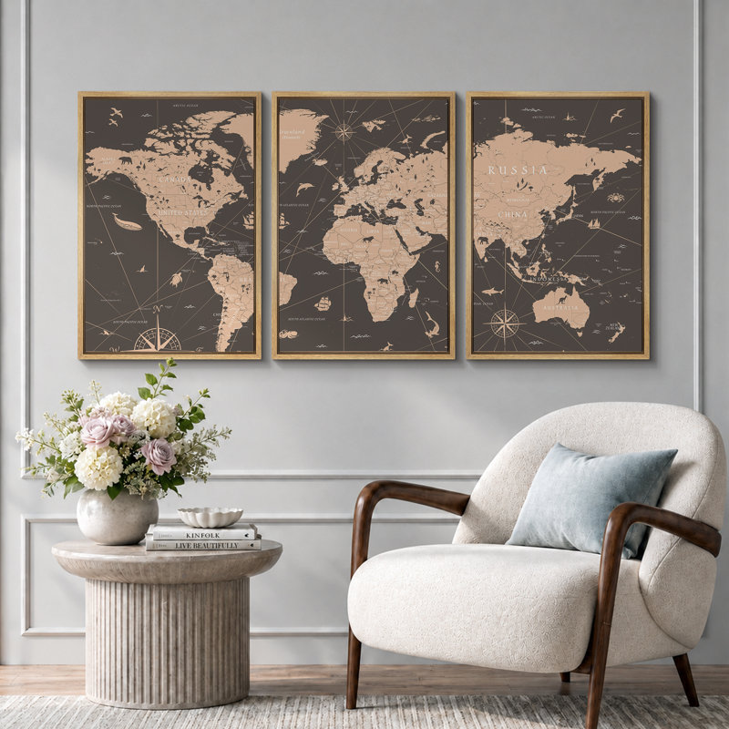 «World Map Sepia Global Country», ensemble de 3 reproductions sur toile, H 24 po x l 48 po, Reproduction avec cadre flottant