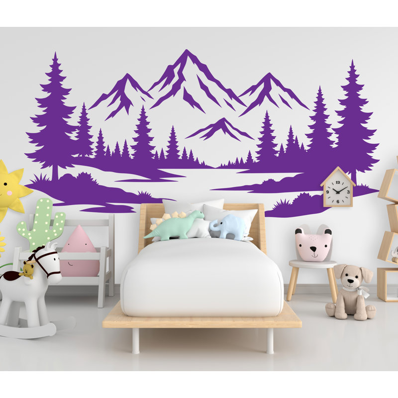 Décalcomanie murale Mountain Forest pour enfants | Autocollant mural pin chambre de bébé | Décor de chambre de bébé aventure | Adhésif décoratif montagne 1148DRS