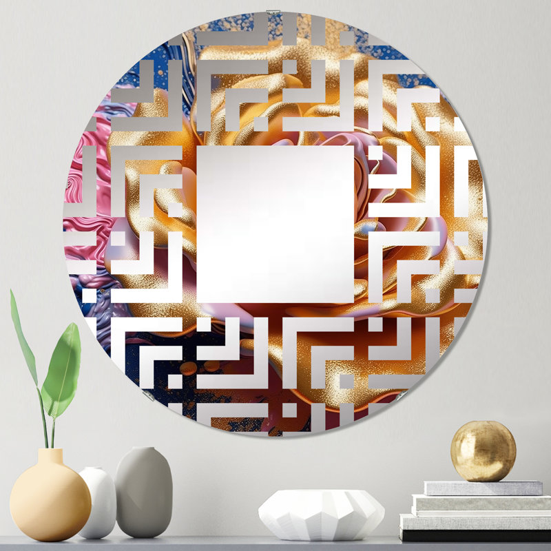 Pivoine rose avec feuilles dorées II - Miroir décoratif labyrinthe MIR105706 C, 23,6 po x 23,6 po