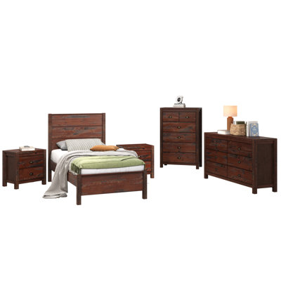 Groshon Farmhouse Set Of 5 Items For Bedroom, One Bed, One Double Dresser, One Chest And Two Nightstands Solid Wood Rustic Style