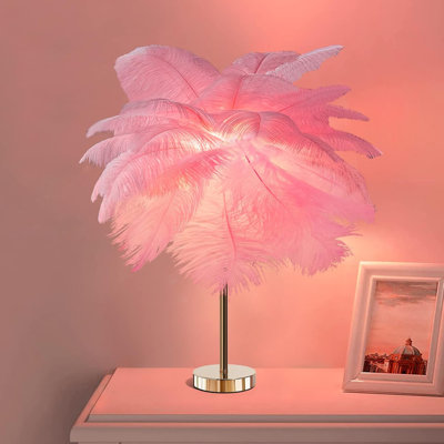 Modern Ostrich Feather Table Lamp With Golden Base, 5-Light Plug-In Bedside Nightstand Desk Lamp, Natural Feather Shade For Bedroom Living Room Decor