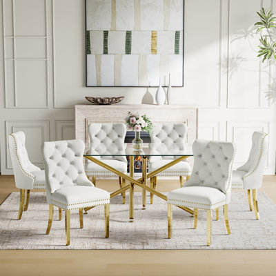 7-Piece Modern Dining Set – Rectangular Glass Table With Mirrored Metal Base & 6 Velvet Upholstered Chairs
