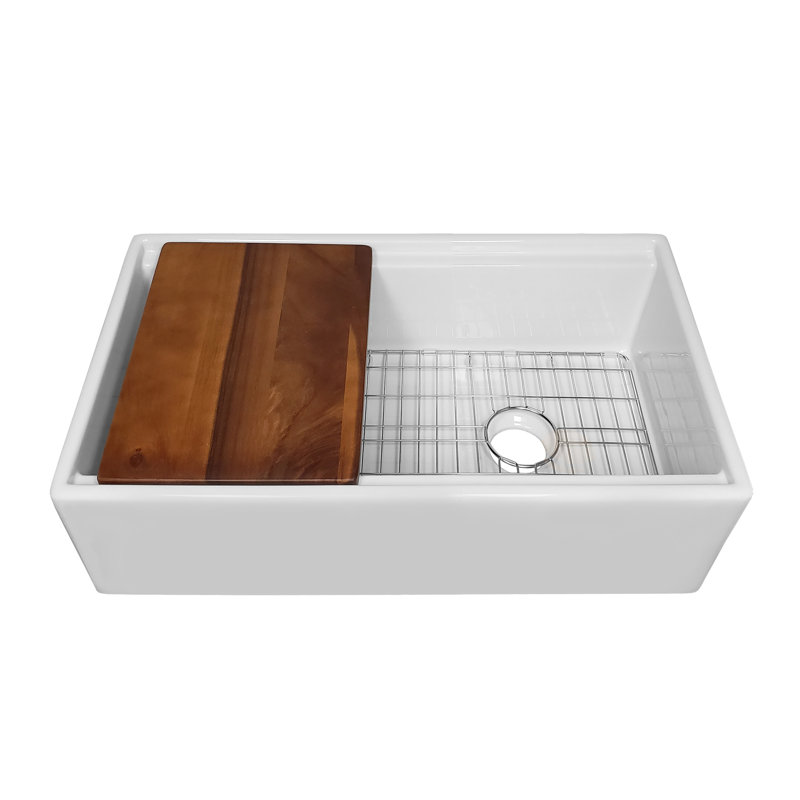 Whitehaus front apron single bowl fireclay kitchen sinks with walnut wood cutting board and stainless steel grid, 30"