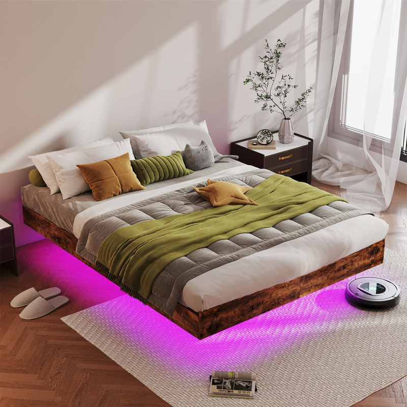 Floating Bed Frame with LED Lights Metal Slats Underbed Storage Space No Box Spring
