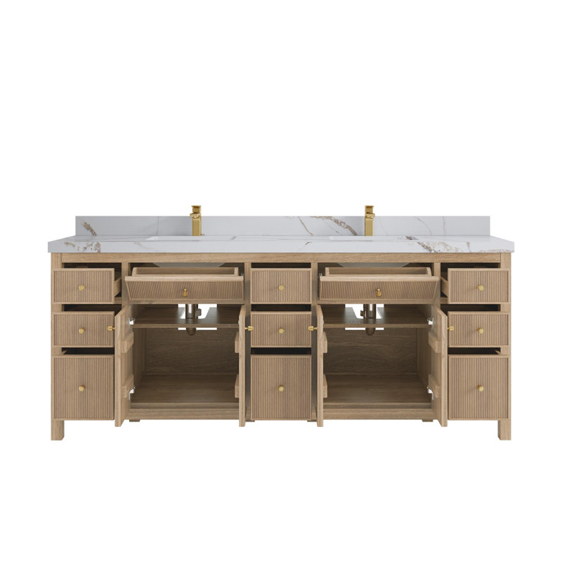 Teck Sonoma X P 22 po D Meuble-lavabo double en gris clair délavé avec 2 po Quartz doré Calacatta