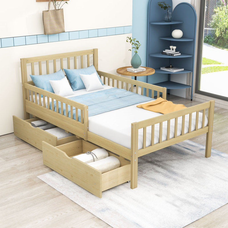 Lit plateforme en bois avec garde-corps et deux tiroirs, Lit simple