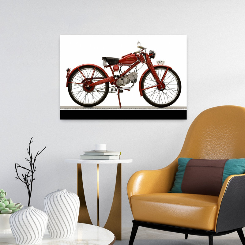 1951, Moto Guzzi Hispania Motoleggera 65, moto, paysage abstrait classique, art mural, H 16 po x l 24 po