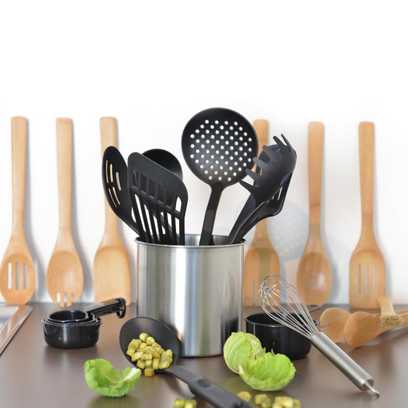 Deluxe 25-Piece Black Bamboo and Stainless Steel Cooking Tool Set