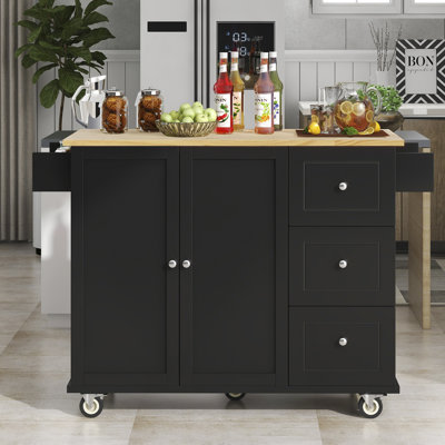 Îlot de cuisine mobile avec plateau en bois massif et roulettes verrouillables, largeur de 52,7 po, armoire de rangement et bar à abattants, support à épices, porte-serviettes et tiroir (noir)