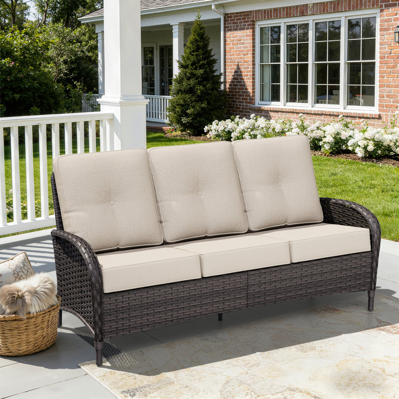 Canapé d'extérieur 3 places en osier PE avec coussins beige moelleux, Beige