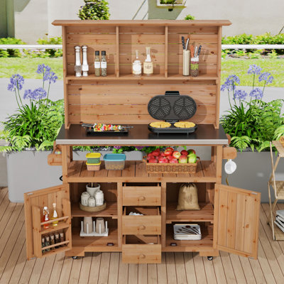 Banc de jardin avec plateau en acier inoxydable, huche et tiroirs, îlot de cuisine extérieur mobile