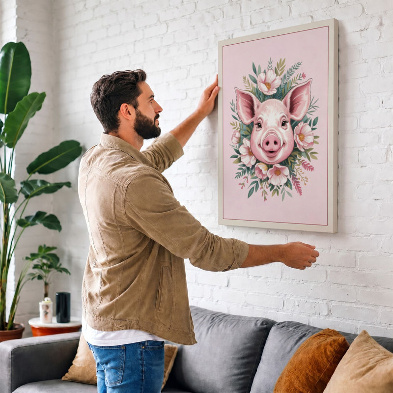 Pig in Bloom Botanical 1 Piece Wrapped Canvas Wall Art, 24x16 - 61.0 x 40.6 cm, Black Border