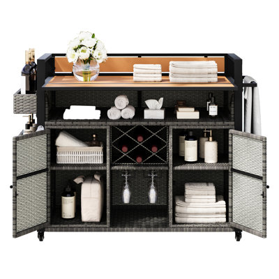 Grey Outdoor Rolling Grill Cart With Steel Frame, Extended Table Top, Foldable Design, Multiple Storage Spaces, Wine Accessories , - Wood Table, Storage, Spice , Glass Holder, Lockable Wheels,