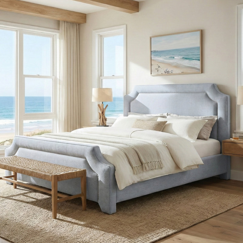 Elegant Upholstered Bed Frame With Nailhead Trim., Texture Blue, Queen
