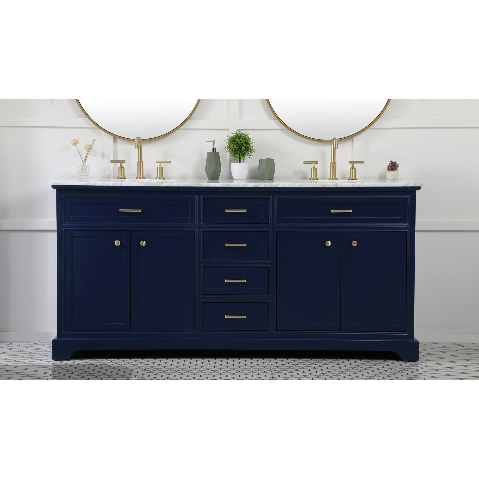 Hermes 72'' Double Bathroom Vanity, Carrara White Gray, Dark Blue