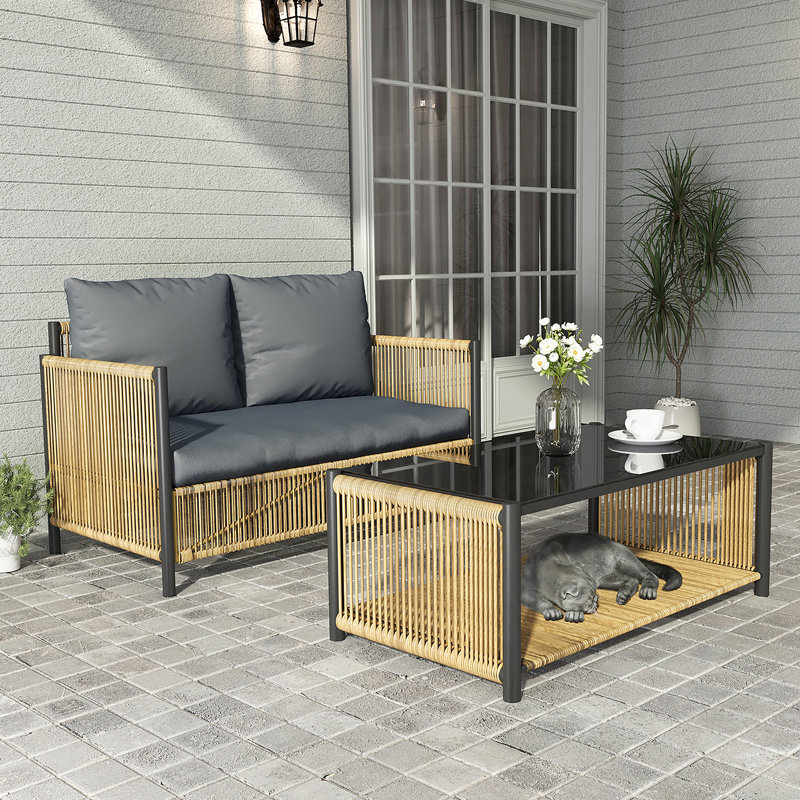 Outdoor Pe Brown Wicker 2Seats Sofa With Grey Cushion And Table Set