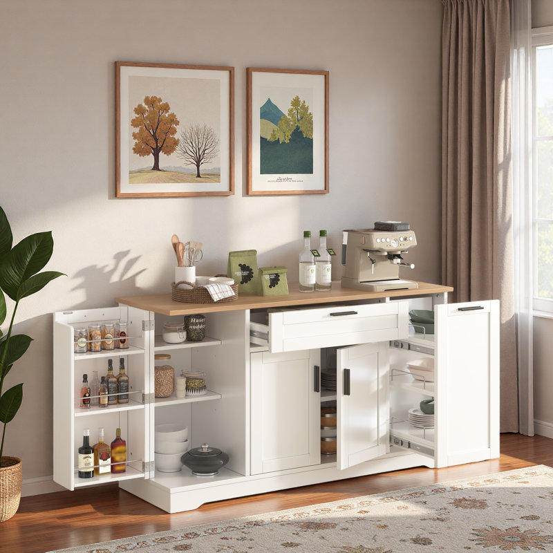 Multi-functional Storage Sideboard With Adjustable Shelves, 3-tier Pull-out Rack, Drawer And Door Storage Racks, White