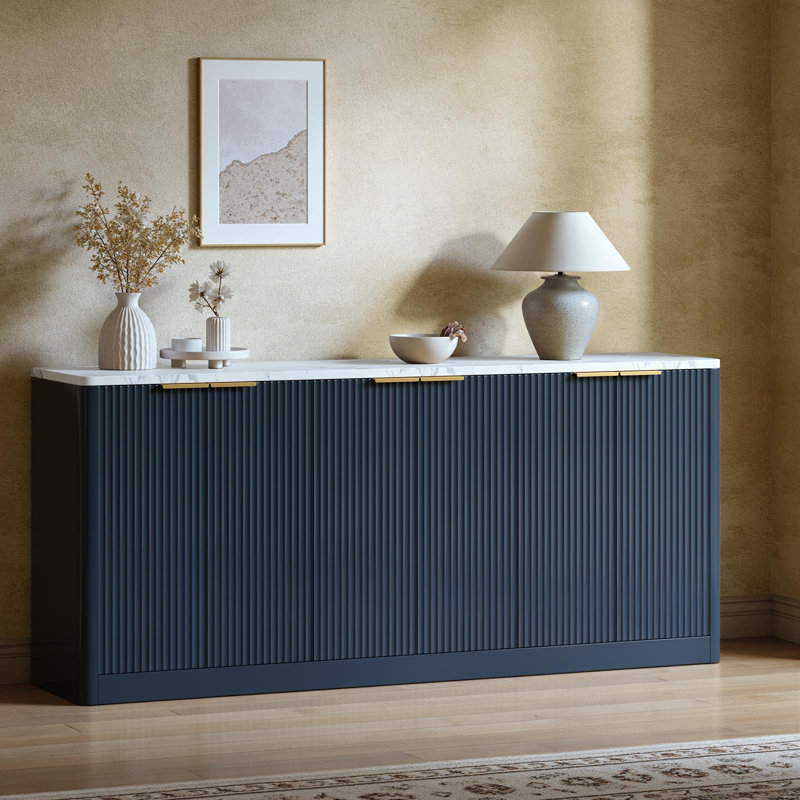 67" Fluted Sideboard Buffet Cabinet With Storage, Large Buffet Cabinet With 6 Doors For Kitchen And Living Room, Navy Blue