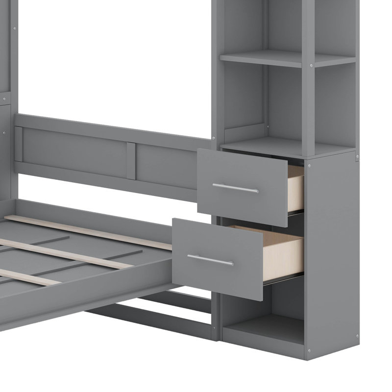 Lit escamotable avec tablettes, tiroirs et DEL Murphy, Gris, Lit double