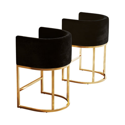 26" Counter Height Bar Stools, Barrel Counter Stools With Backrest, Velvet Black Gold Metal Base