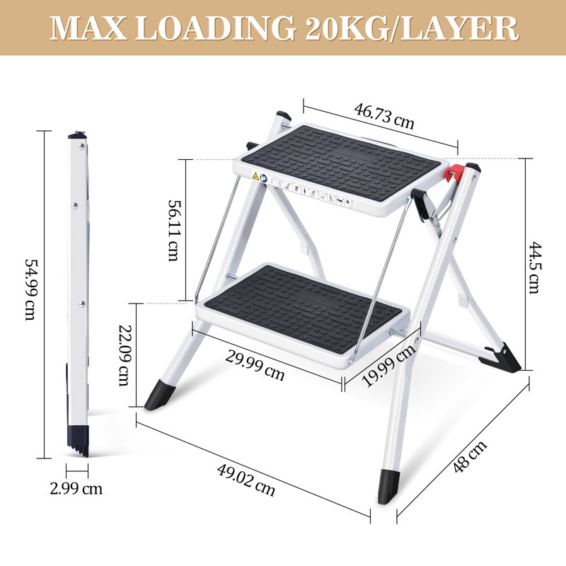 Step Ladder 2-Step 150kg Capacity, Folding Steel Ladder with Wide Anti-Slip Pedal, Sturdy Step Stool for Adults Toddlers