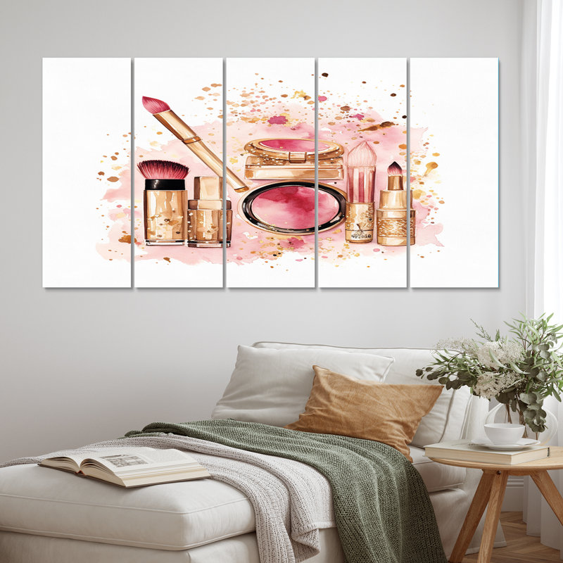 Rose cosmétique Boho Chic Beauty III - Articles de toilette sur toile - 5 panneaux égaux