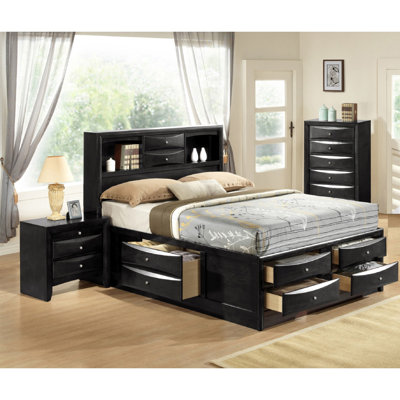 Black King Storage Platform Captain's Bed With Bookcase Headboard Drawers Solid Wood Furniture