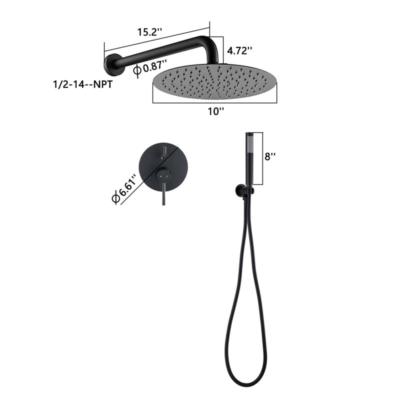 Ensemble de pomme de douche à pluie 10 po noir mat et pomme de douche à main Roud