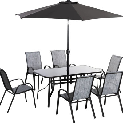 Outdoor Furniture With Umbrella, Flexible Tilt Umbrella Base, Tempered Glass, Aluminum And , 28" H Table Height 8 - Piece Dining , Center Mounted Powder Coated Metal Frame, Mesh Seating, 110 Lbs