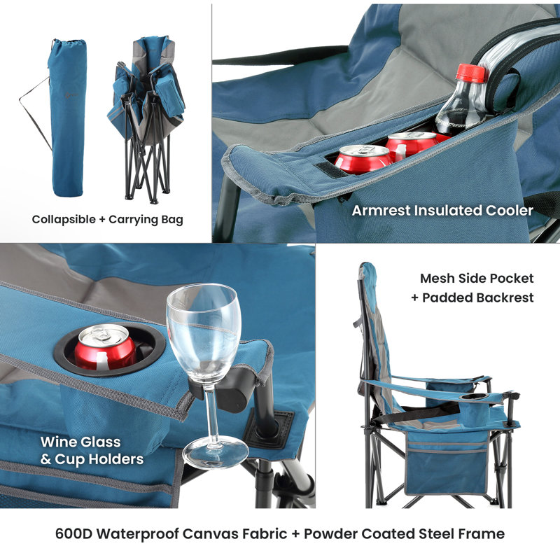 XXL Blue and Gray Padded Folding Camping Chair with Armrests