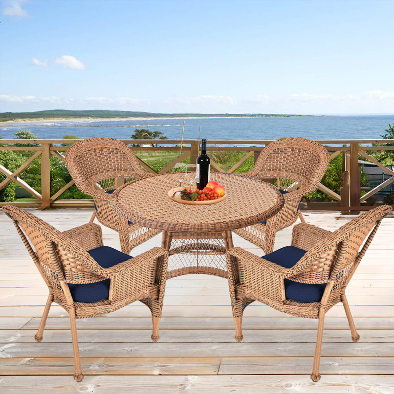 4 - Person Patio Dining Set with Round Table , Cushions Included, Honey, Blue