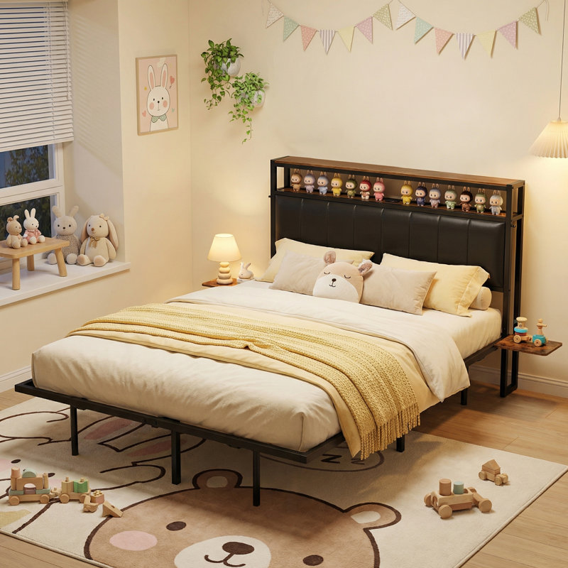 Double Metal Bed Frame with Upholstered Headboard & Storage