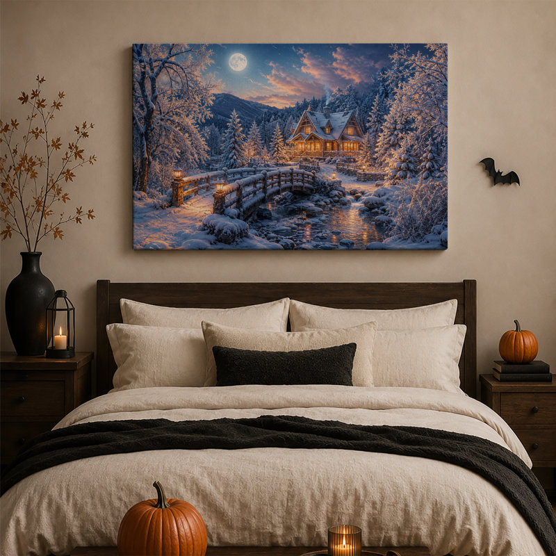 Cabane d'hiver avec fenêtres illuminées et pont en bois - Toile murale d'Halloween, H 28 po x l 40 po
