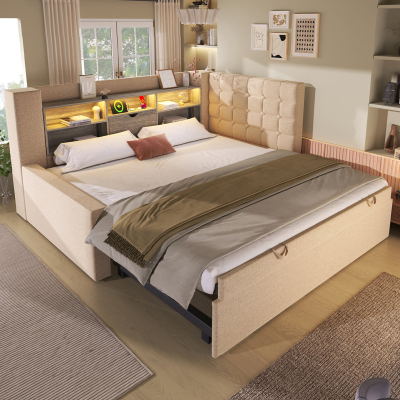 Linen Upholstered Daybed 3FT Single Sofa Bed with Storage,,Pull out Trundle (No Mattress), Beige