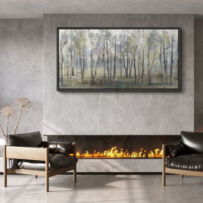«Green and Blue Tree Forest Landscape», très grand art mural sur toile encadré, H 30 po x l 60 po, Noir, noir, noir, noir