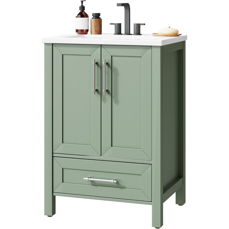 Meuble-lavabo 24 po avec lavabo, meuble-lavabo autoportant en bois avec tiroir, vert clair, Vert clair, 24"