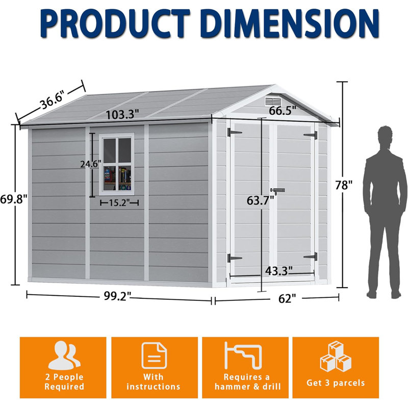 8.7x5.5 Ft Resin Storage Shed, Weather-resistant Outdoor Storage Shed With Floor Included, Gray