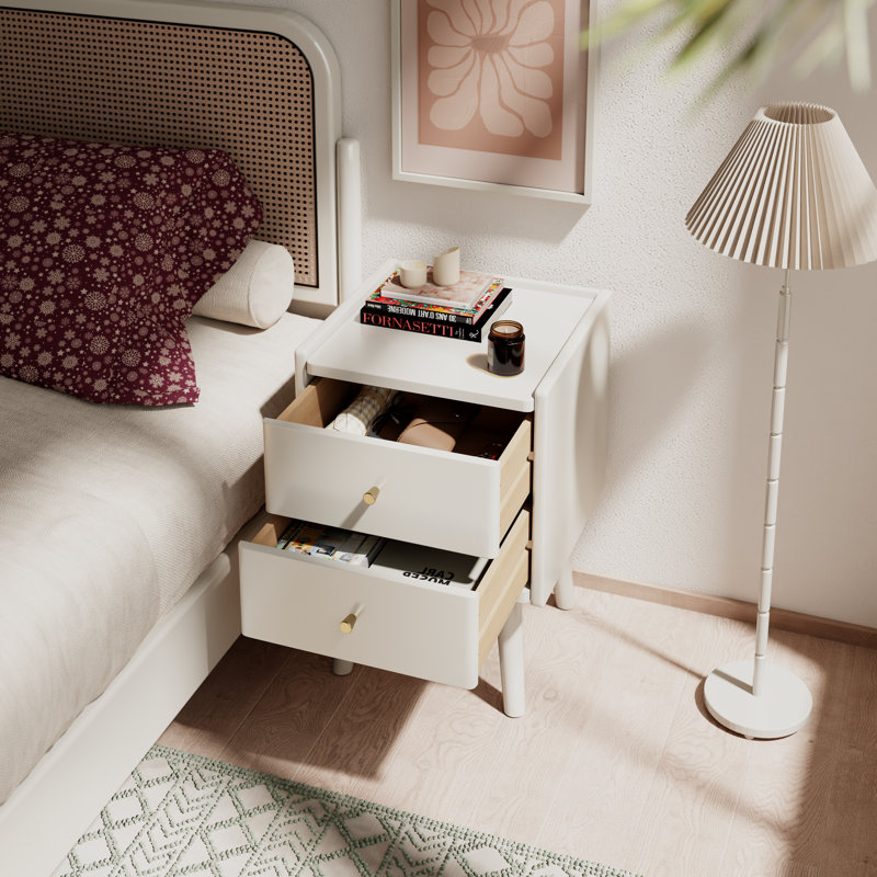 Table de chevet 2 tiroirs Mid-Century, Blanc, H 23,62 po x l 15,75 po x P 15,75 po
