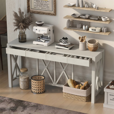 Console U_Style en placage en acacia de 60 po avec 4 tiroirs spacieux, table d'entrée de style moderne Crisscross avec rangement ouvert au bas, canapé de style campagnard pour le salon, la cuisine, la salle à manger et le couloir