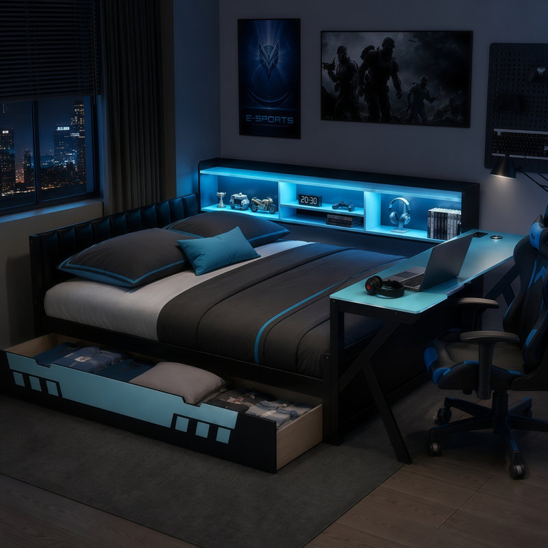 Lit de jeu Vanta en bois massif avec bureau, étagères de rangement, éclairage DEL et station de recharge, Double, Noir / Bleu