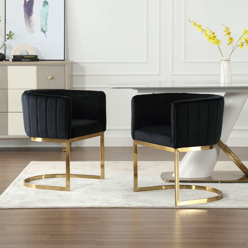 Modern Barrel Dining Chair With Backrest And Armrests Side Chair For Dining Room, Parlor And Balcony, Gold, Velvet Black