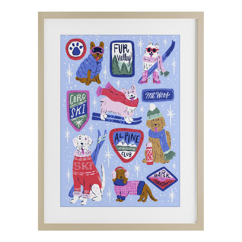 Winter Ski Dogs Collage, impression sous verre encadrée, design par Krissy Mast, H 20 po x l 14 po, Cadre de récolte en pin