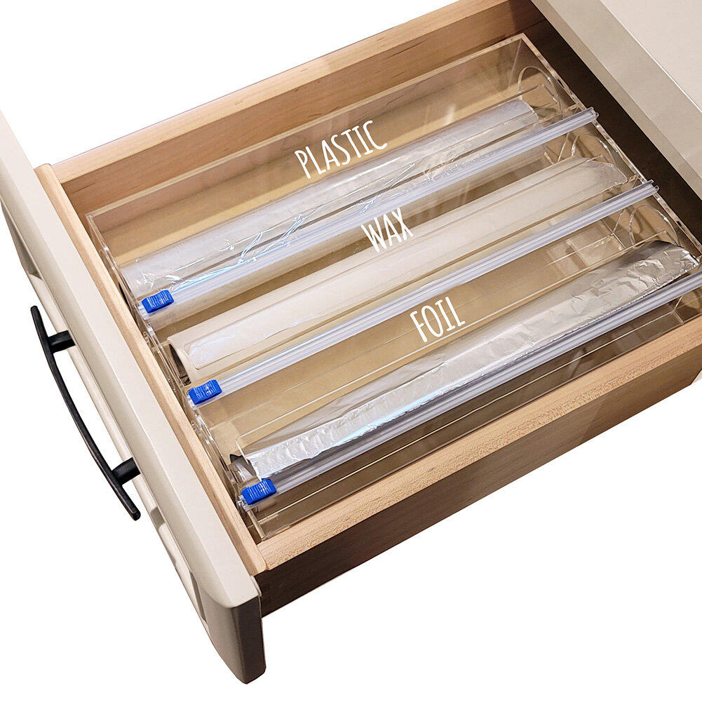 3 in 1 Foil, Wax Paper and Plastic Wrap Organizer bamboo. Aluminum Foil,  Parchment Paper and Cling Wrap Dispenser With Cutter. 16 Wide 