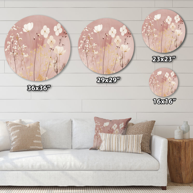 «Wildflowers in Dusty Rose I», reproduction d'art mural rond en métal, H 16 po x l 16 po