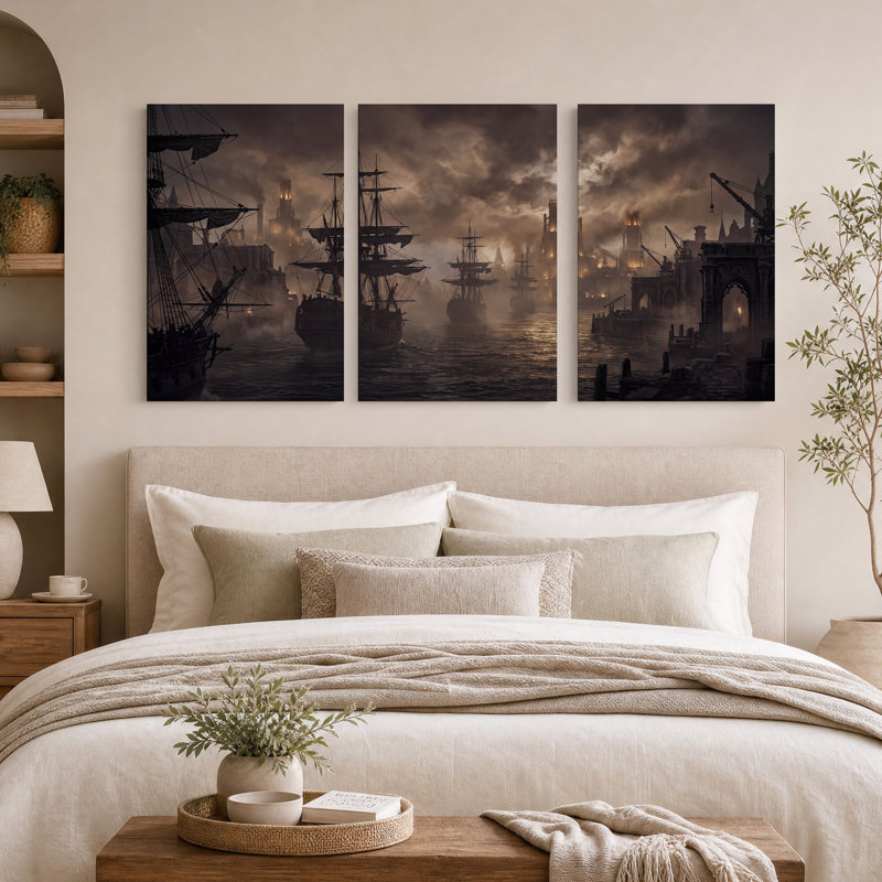 Ensemble de 3 toiles murales représentant des voiliers en silhouette dans un port brumeux, 36"H x 24"W x 3pcs